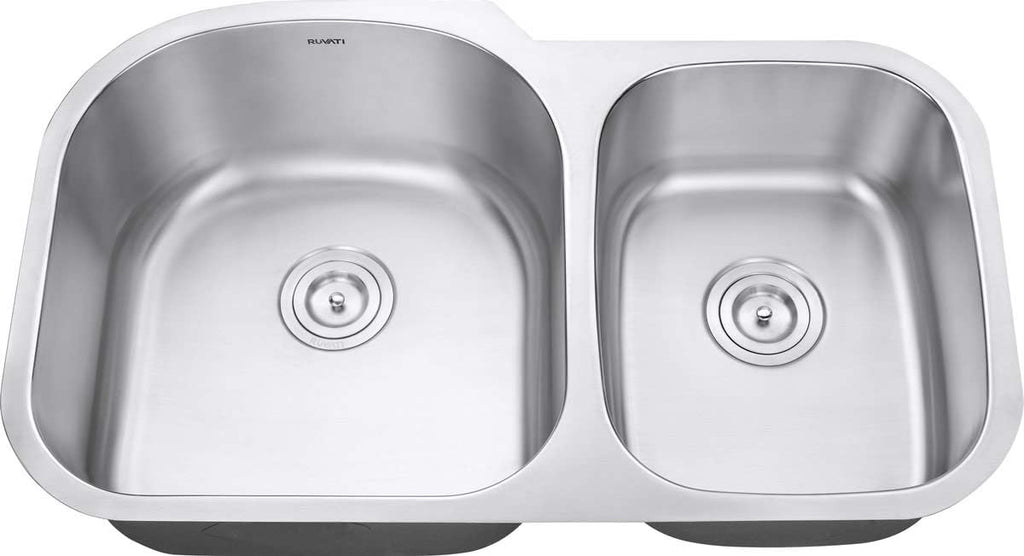 Ruvati 34-Inch Undermount Kitchen Sink – 60/40 Double Bowl Kitchen sink, 16 Gauge T-304 Stainless Steel Kitchen Sinks, Deep Basin Sink, Brushed Finish – RVM4600