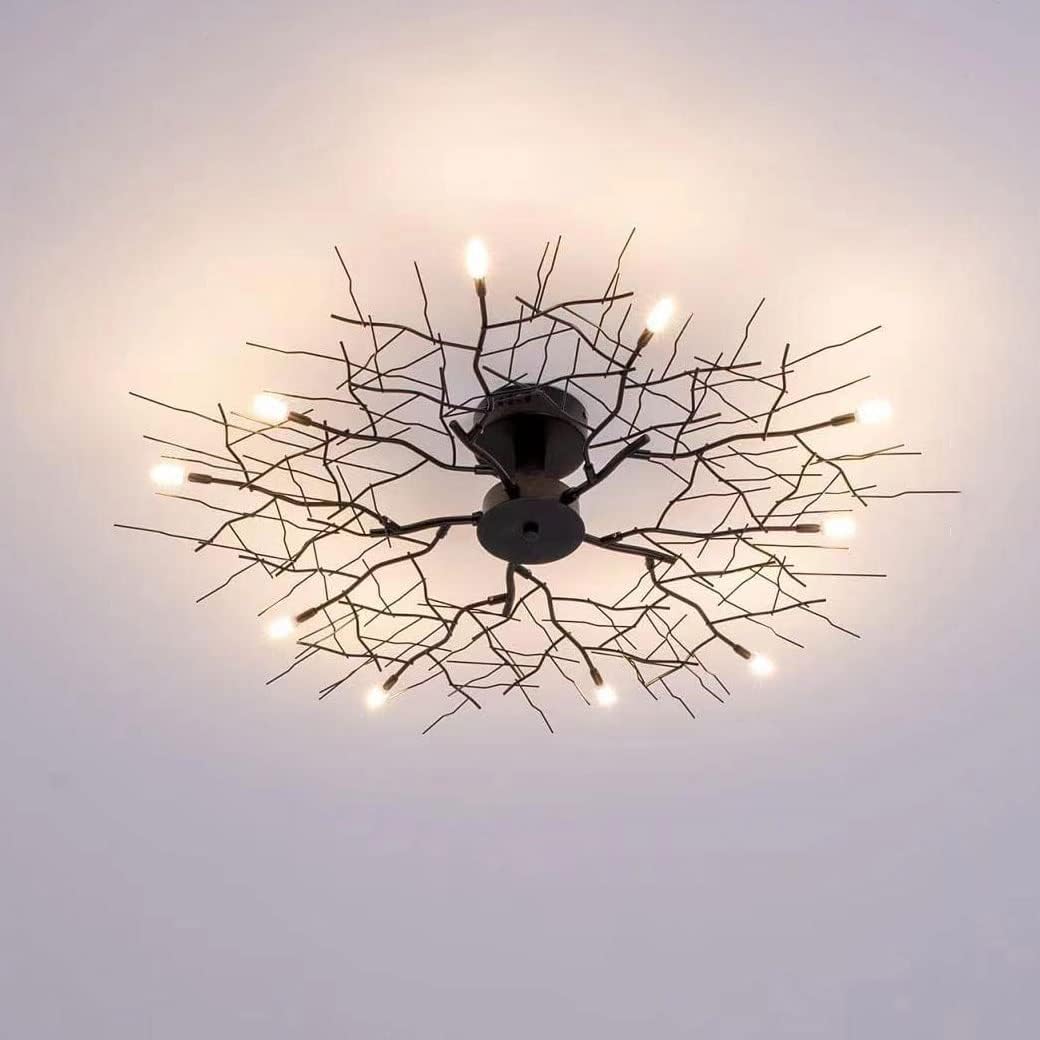 44' Large Semi Flush Mount Ceiling Light Fixture,Black Modern Chandelier with Branch Shapes,15-Lights Industrial Close to Ceiling Light Fixtures for Living Room Bedroom Kitchen Dining Room