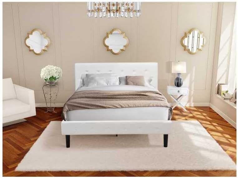 HomeStock African Artistry 2 Piece Bedroom Set - Button Tufted Platform Bed Frame - Velvet Fabric Upholstered Headboard and A Nightstand Queen/Linen White/White