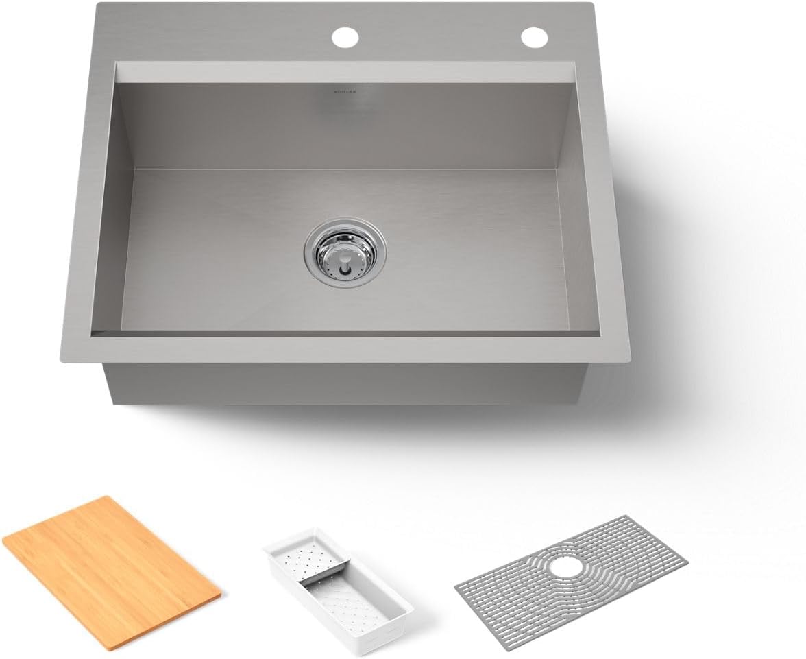 KOHLER 80086-2PC-NA Task™ 27' Top-/Undermount Workstation Stainless Steel Kitchen Sink, Includes Accessories, 2 Faucet Holes, Single Bowl Kitchen Sinks