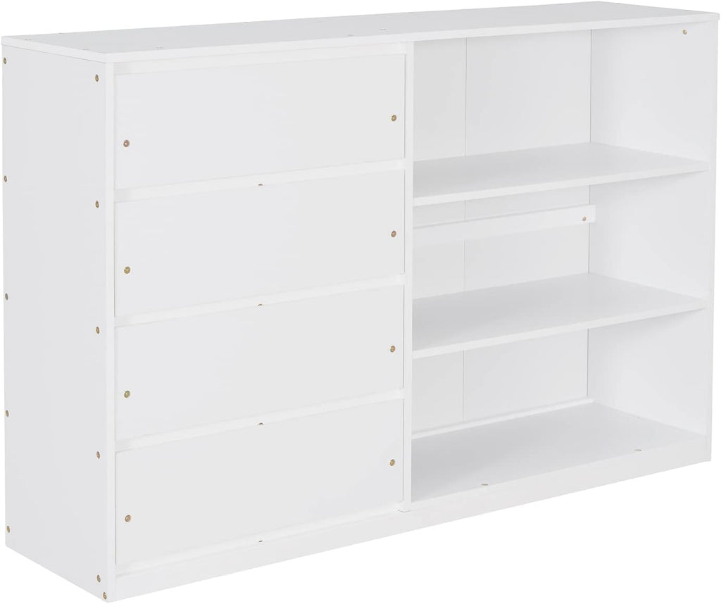 Full-Over-Full Size Bunk Bed, Bedroom Furniture Pine Wood Bed Frame with Storage Drawers and Open Shelves, Drawers and Shelves Set Can Be Moved, for Kids & Teens (White)
