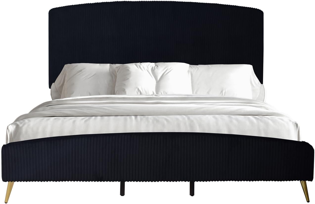 HomeStock Velvet Upholstered Panel Bed - Modern Black Bedroom Furniture Queen