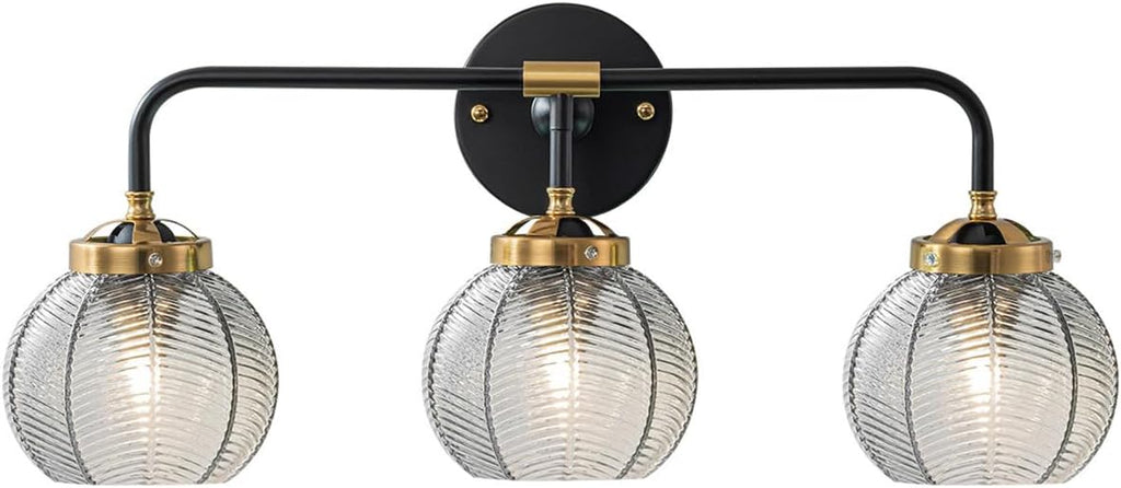 Black Bathroom Light Fixtures 3-Lights Vintage Vanity Wall Sconce Over Mirror with Ribbed Smoky Gray Globe Shade Mid Century Modern Lights Fixture Art Deco Farmhouse Vanity Lighting