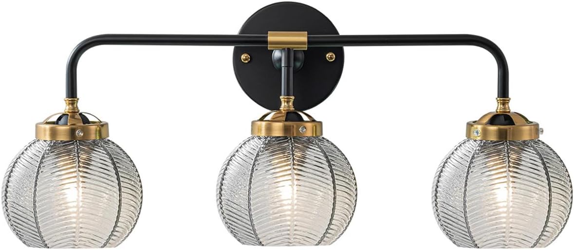 Black Bathroom Light Fixtures 3-Lights Vintage Vanity Wall Sconce Over Mirror with Ribbed Smoky Gray Globe Shade Mid Century Modern Lights Fixture Art Deco Farmhouse Vanity Lighting