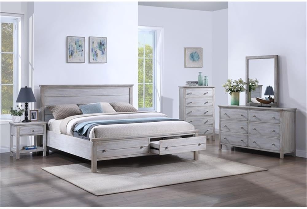 Pemberly Row Solid Wood Queen Storage Bed, Distressed Grey White Finish, Durable Constructed Spruce Frame, Rustic Transitional Design, Bedroom Furniture with Storage Footboard