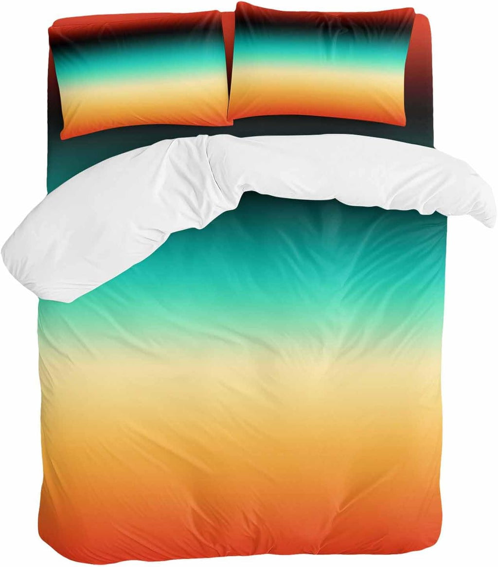 Bohemian Gradient Green Duvet Cover Set Queen Size 4 Pieces Modern Minimalist Orange Yellow Black Ocean Beach Bedding Set with Zipper Closure,1 Comforter Cover 92x106 Inch 1 Flat Sheet&2 Pillow Cases
