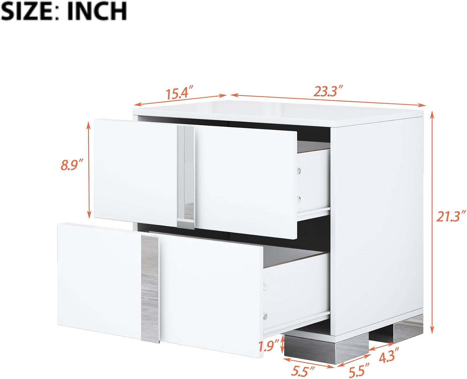 Modern White Nightstand Set of 2 for Bedroom, Elegant 2 Drawer Nightstand with Silver Mirrored Handle and Base, Wood End Table Sofa Side Table for Living Room Bedroom (White)
