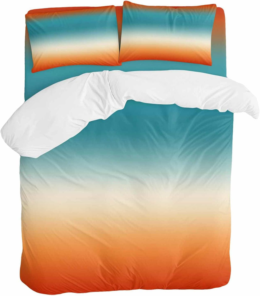 Bohemian Gradient Blue Duvet Cover Set Queen Size 4 Pieces Modern Minimalist Red Orange Ocean Beach Bedding Set with Zipper Closure, 1 Comforter Cover 86x86 Inches 1 Flat Sheet & 2 Pillow Cases