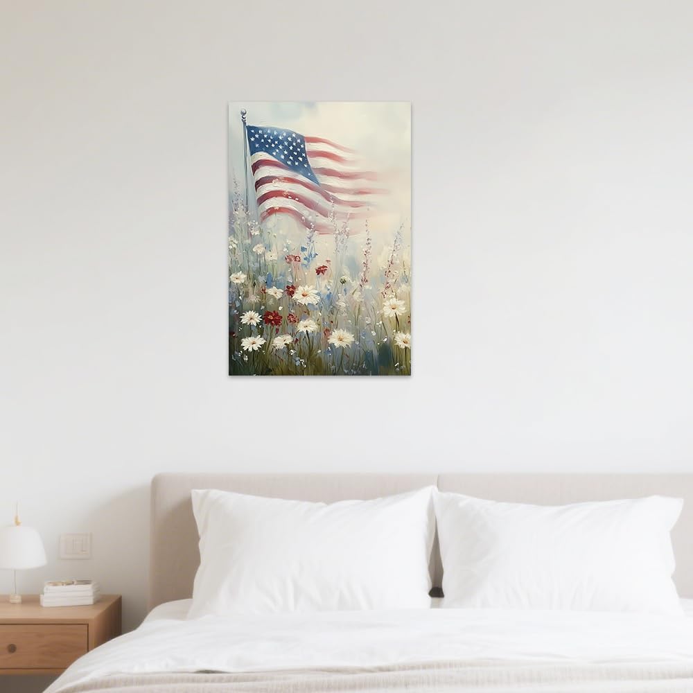SWQYLB Patriotic Pictures Wall Decor American Flag Landscape Wall Art Floral Print Artwork Wildflower Painting Canvas Farmhouse Bedroom Home Decor Framed (28' x 42')