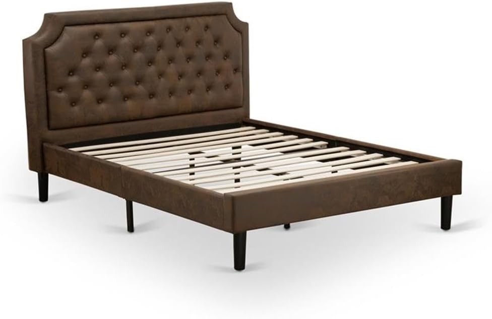 East West Furniture GB25Q-1VL06 2-Piece Granbury Queen Bedroom Set with Button Tufted Platform Bed and 1 Wire brushed Black End Tables - Dark Brown faux Leather with Black Texture and Black Legs