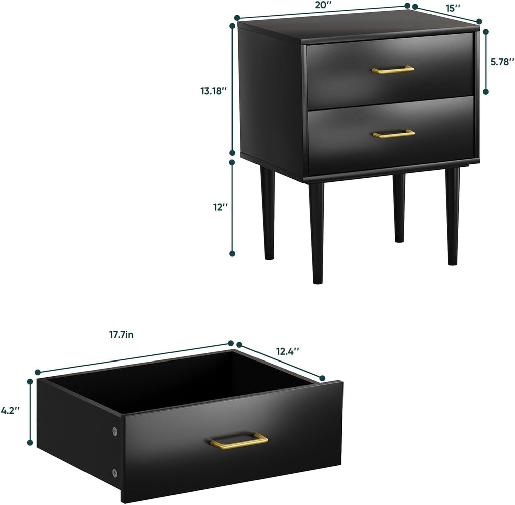 Modern Black Bedside Cabinet with Metal Handles | 2-Drawer Nightstand Set of 2, Solid Wood Legs & Metal Slides for Bedroom Living Room