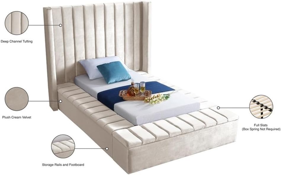 Meridian Furniture Kiki Collection Modern | Contemporary Velvet Upholsterd Bed with Channel Tufting, Siderails and Footboard Storage Compartments, Twin, Cream