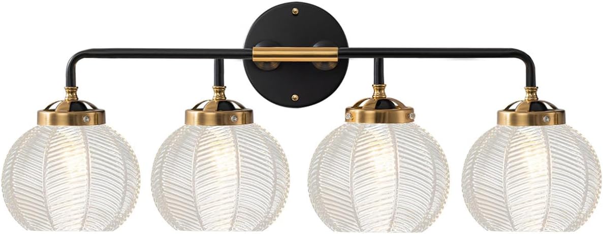 Bathroom Light fixtures 4-Lights Vanity Lights Over Mirror Mid Century Modern Wall Sconce Light with Clear Glass Globe Shade Vintage Black Gold Bath Wall Lamp for Living Room Cabinet
