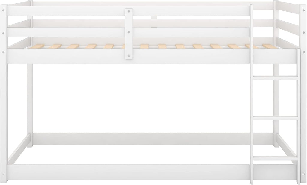 Twin Over Twin Floor Bunk Bed with Ladder,Bed Frame W/Sturdy Slats and Full Length Guardrails,for Bedroom,Apartment,Guest Room,Easy to Assemble,White