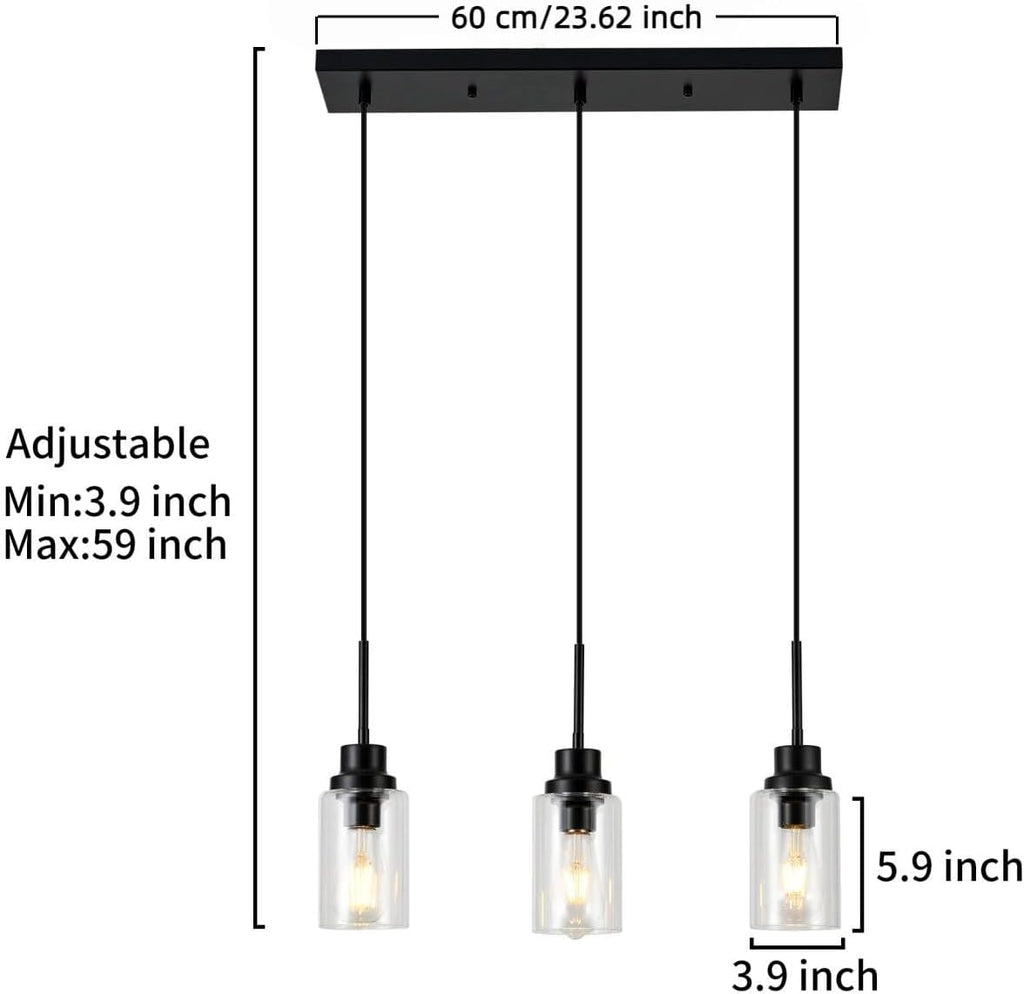 3-Lights Pendant Light Fixtures, Modern Black Kitchen Island Lighting with Clear Glass Shade, Adjustable Hanging Ceiling Lamp