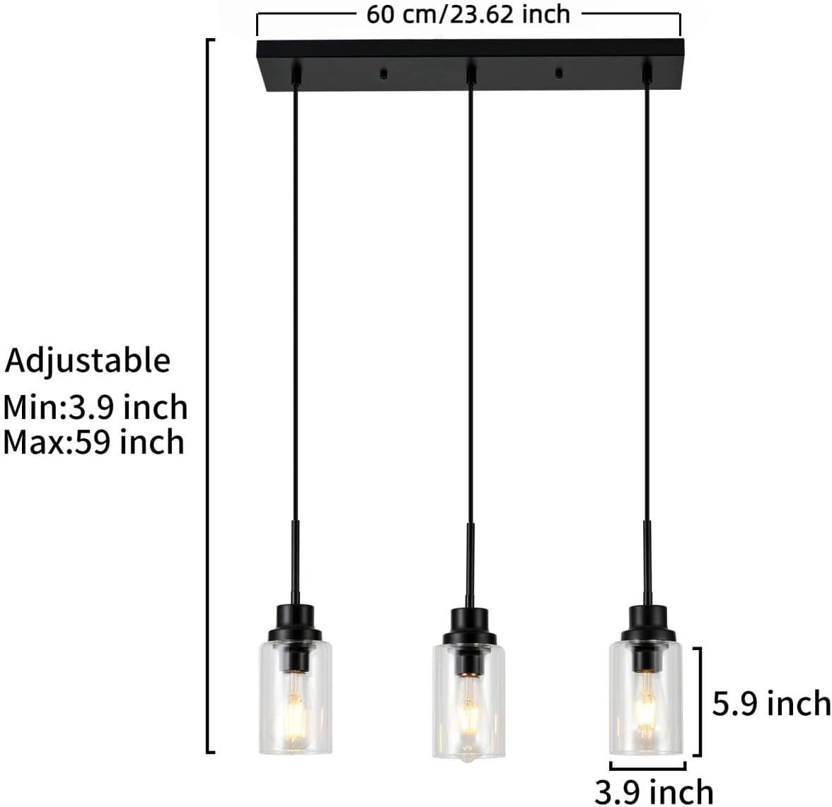 3-Lights Pendant Light Fixtures, Modern Black Kitchen Island Lighting with Clear Glass Shade, Adjustable Hanging Ceiling Lamp