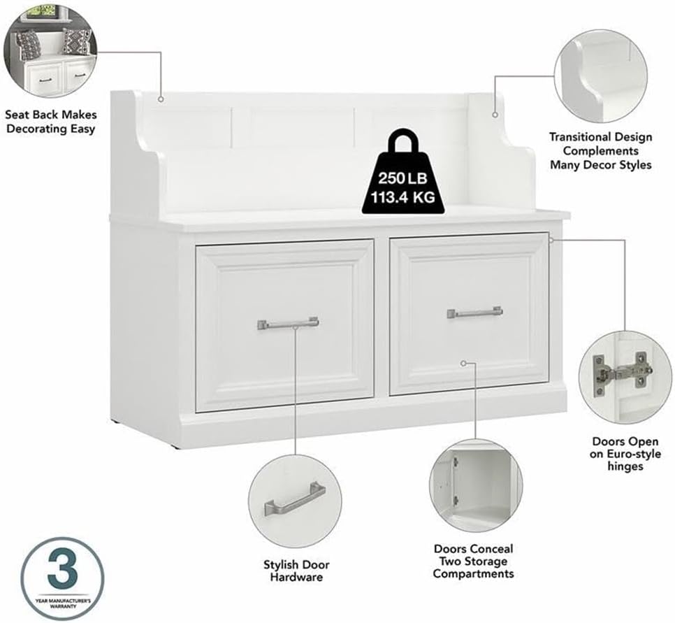 Bush Furniture Woodland Full Entryway Storage Set with Coat Rack and Shoe Bench with Doors | Mudroom Organizer for Footwear, Clothing, White Ash