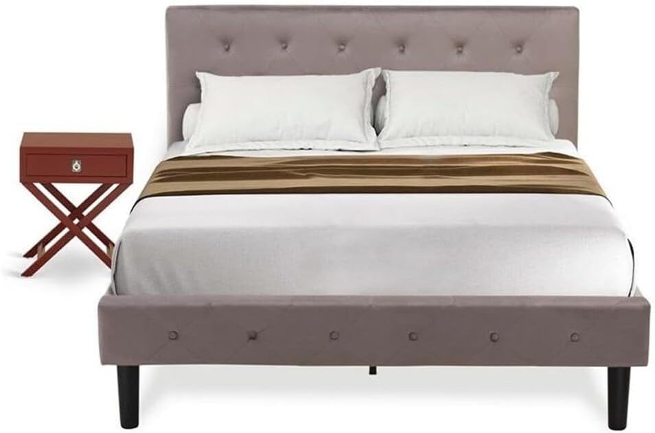 HomeStock African Artistry 2 Piece Bedroom Set - Button Tufted Platform Bed Frame - Velvet Fabric Upholstered Headboard and A Nightstand Full/Burgundy/Brown Taupe