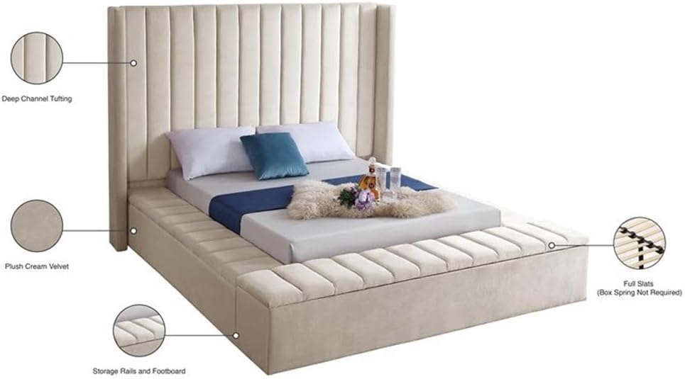 Meridian Furniture Kiki Collection Modern | Contemporary Velvet Upholsterd Bed with Channel Tufting, Siderails and Footboard Storage Compartments, Full, Cream