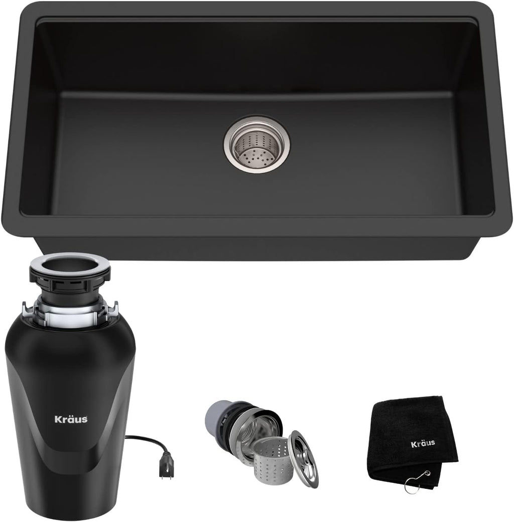 KRAUS 31 Inch Undermount Single Bowl Black Onyx Granite Kitchen Sink with WasteGuard™ Continuous Feed Garbage Disposal, KGU-413B-100-75MB