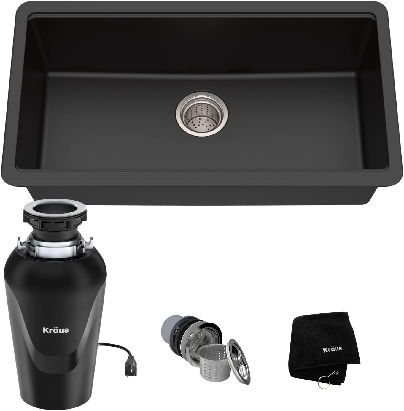 KRAUS 31 Inch Undermount Single Bowl Black Onyx Granite Kitchen Sink with WasteGuard™ Continuous Feed Garbage Disposal, KGU-413B-100-75MB
