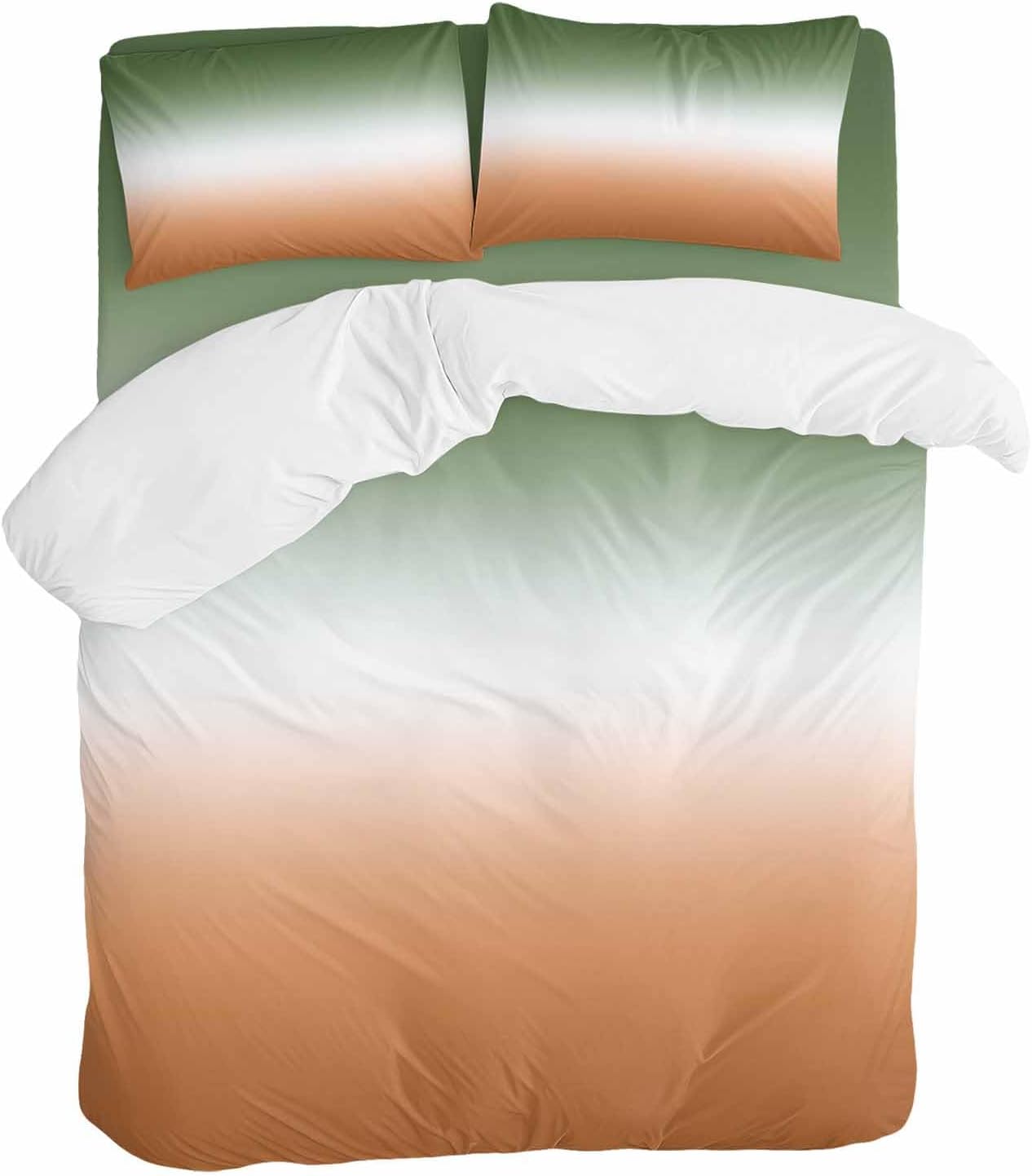 Bohemian Gradient Sage Green Duvet Cover Set Queen Size 4 Pieces Modern Minimalist Green Orange Ocean Beach Bedding Set with Zipper Closure,1 Comforter Cover 92x106 Inches 1 Flat Sheet&2 Pillow Cases
