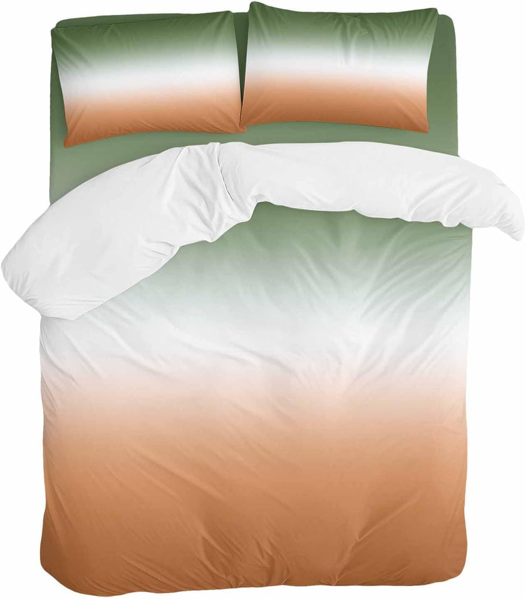 Bohemian Gradient Sage Green Duvet Cover Set Queen Size 4 Pieces Modern Minimalist Green Orange Ocean Beach Bedding Set with Zipper Closure,1 Comforter Cover 86x86 Inches 1 Flat Sheet & 2 Pillow Cases