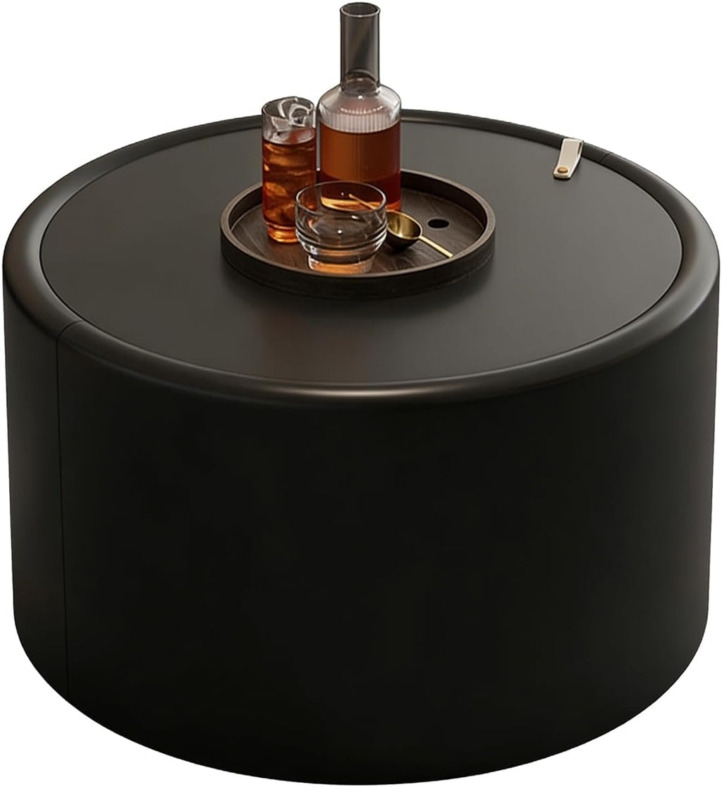 27.56' Black Round Coffee Table with Hidden Storage, Drum Coffee Table with Tempered Glass Top and PU Leather Body, Circle Cocktail Tea Table for Living Room, No Assemble