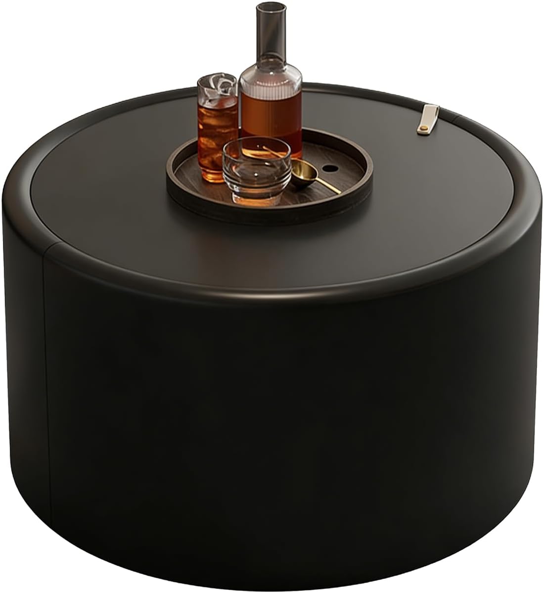 27.56' Black Round Coffee Table with Hidden Storage, Drum Coffee Table with Tempered Glass Top and PU Leather Body, Circle Cocktail Tea Table for Living Room, No Assemble