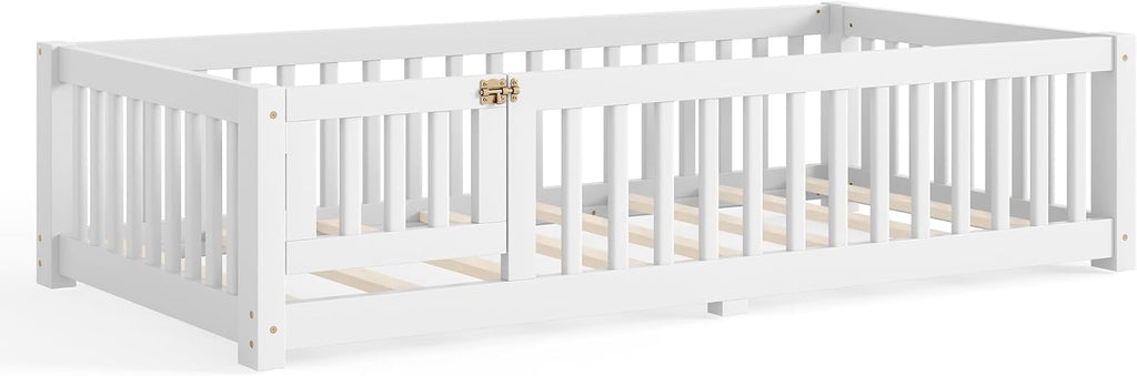 Bellemave Twin Size Floor Bed Frame with Fence and Door for Kids, Montessori Floor Bed with Slats and Safety Guardrails,Solid Wood Twin Bed Frame for Girls Boys,White
