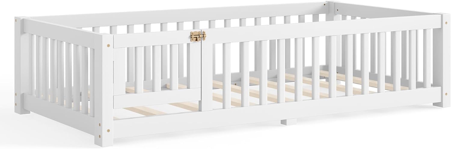 Bellemave Twin Size Floor Bed Frame with Fence and Door for Kids, Montessori Floor Bed with Slats and Safety Guardrails,Solid Wood Twin Bed Frame for Girls Boys,White