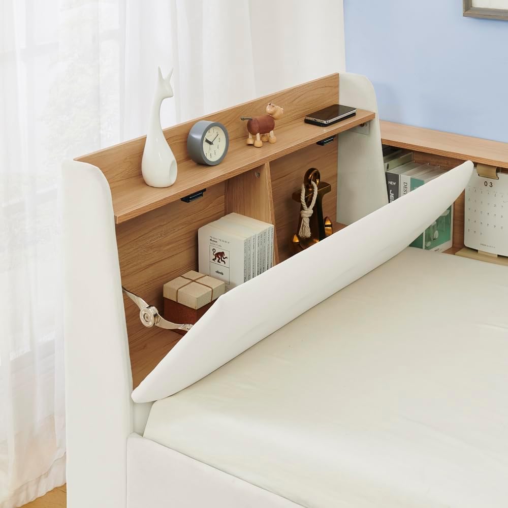 Corner Bed with Desk and Bookcase, LED Lights & USB Ports, Modern Twin Daybed with Storage Underneath Drawers, Soft Velvet Upholstered Day Bed Kids Bedroom Furniture Set Small Places (Beige, Twin)