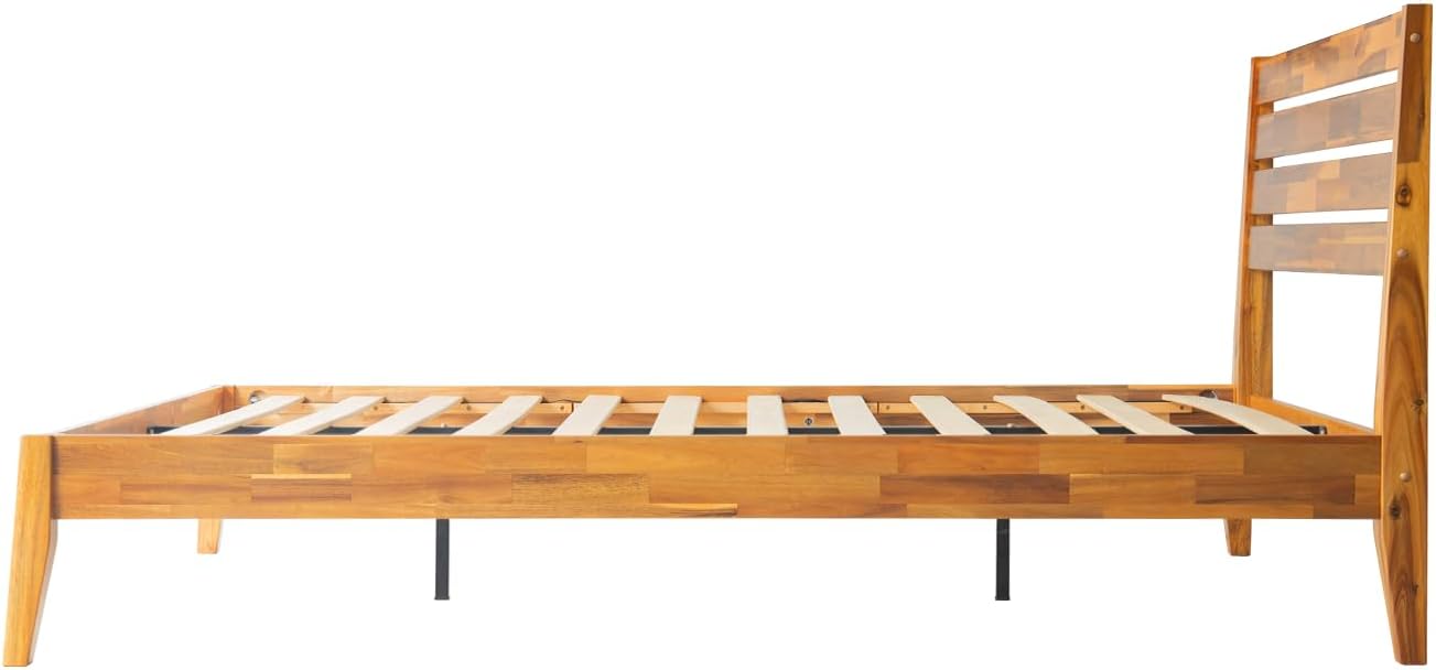 Full Size Platform Bed Frame with Solid Wood Headboard & Footboard, 12 Durable Slatted Base with Center Metal Legs, No Box Spring Needed, Anti-Noise & Slip-Free, Acacia Honey Finish. RKF-38