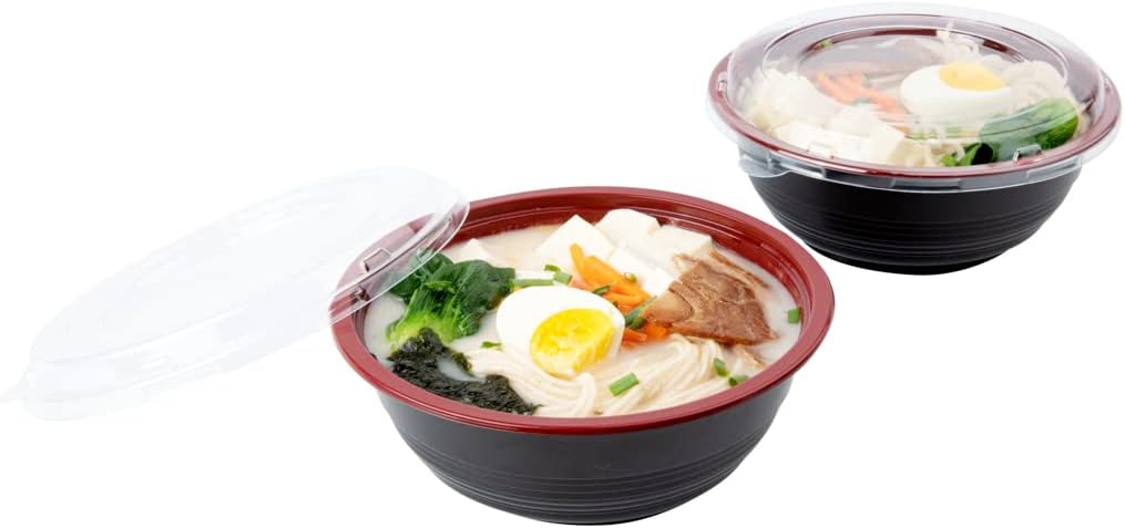 34 Ounce Food Containers, 200 Disposable Salad Bowls - Lids Included, Microwavable, Black And Red Plastic To Go Bowls, Asian Inspired, Perfect For Picnics, Or Take Outs - Restaurantware