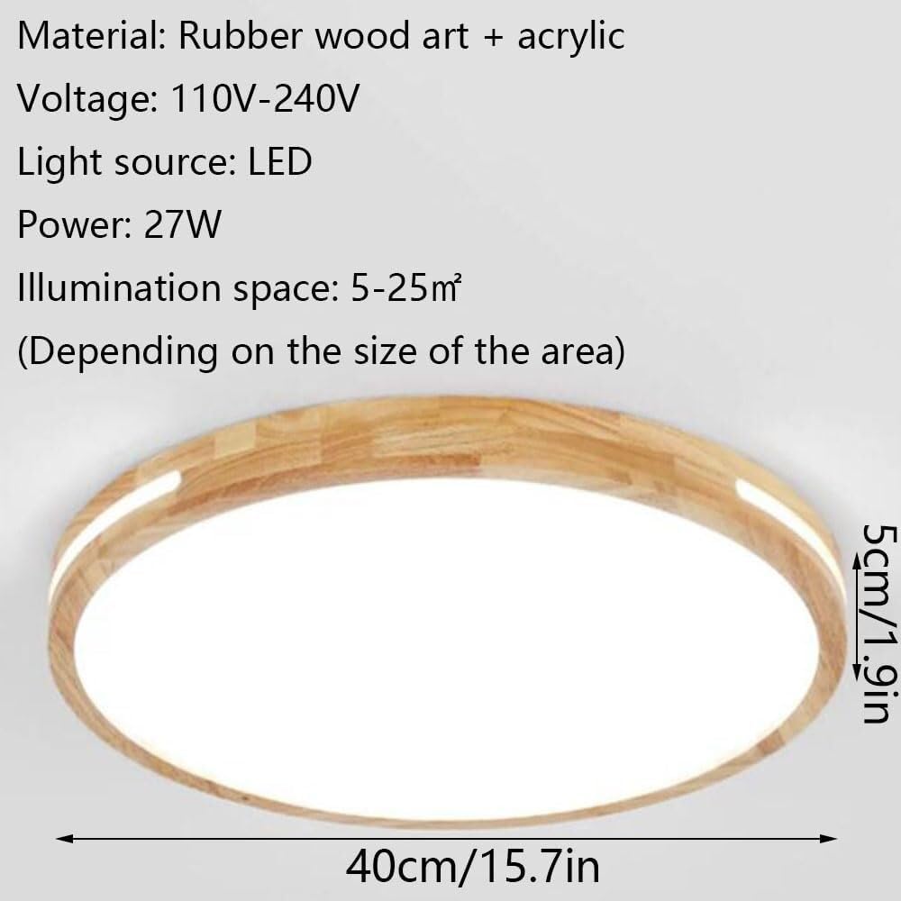 Nordic Wooden LED Ceiling Lamp Round Japanese Style Lighting Ceiling Light Three-Tone Light Flat Ceiling Light Fixture for Living Room Bedroom Dining Room Kitchen Study Room Corridor(40cm)