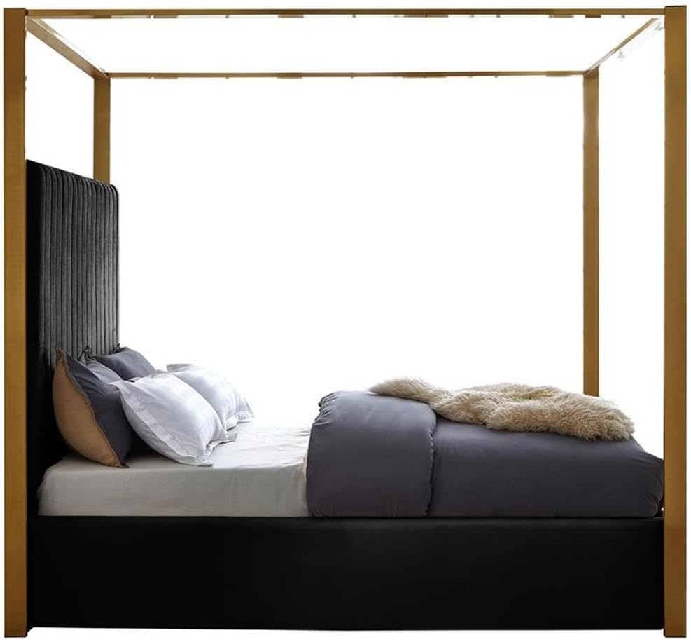 Meridian Furniture JonesBlack-K Jones Collection Modern | Contemporary Upholstered King Bed, Black Velvet, Channel Tufting, Brushed Brass Frame, 82.5' W x 86.5' D x 79' H, Black, King