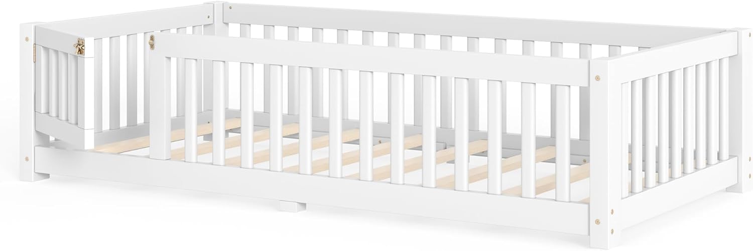 Bellemave Twin Size Floor Bed Frame with Fence and Door for Kids, Montessori Floor Bed with Slats and Safety Guardrails,Solid Wood Twin Bed Frame for Girls Boys,White