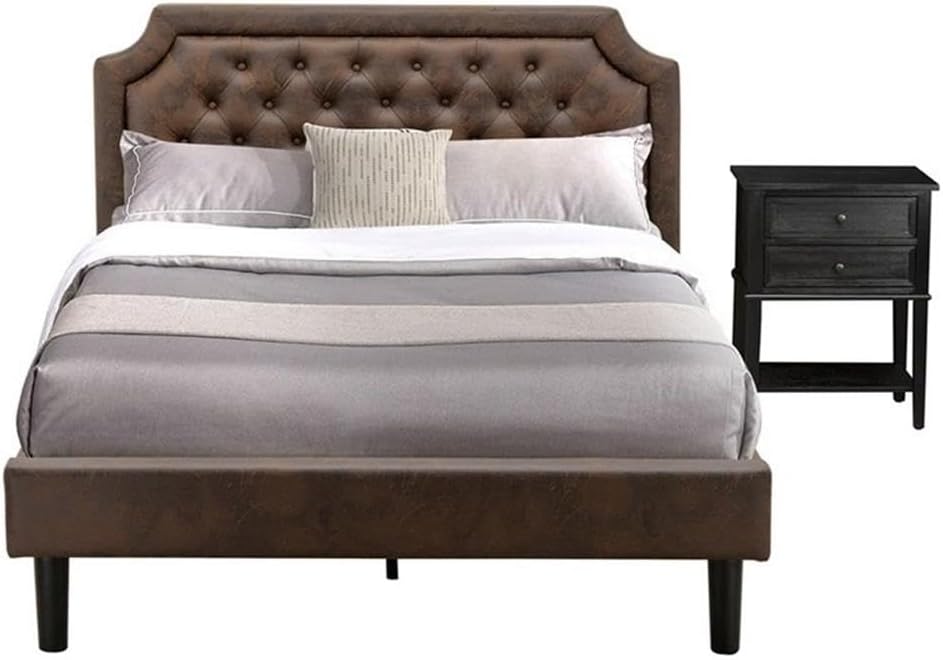 East West Furniture GB25Q-1VL06 2-Piece Granbury Queen Bedroom Set with Button Tufted Platform Bed and 1 Wire brushed Black End Tables - Dark Brown faux Leather with Black Texture and Black Legs