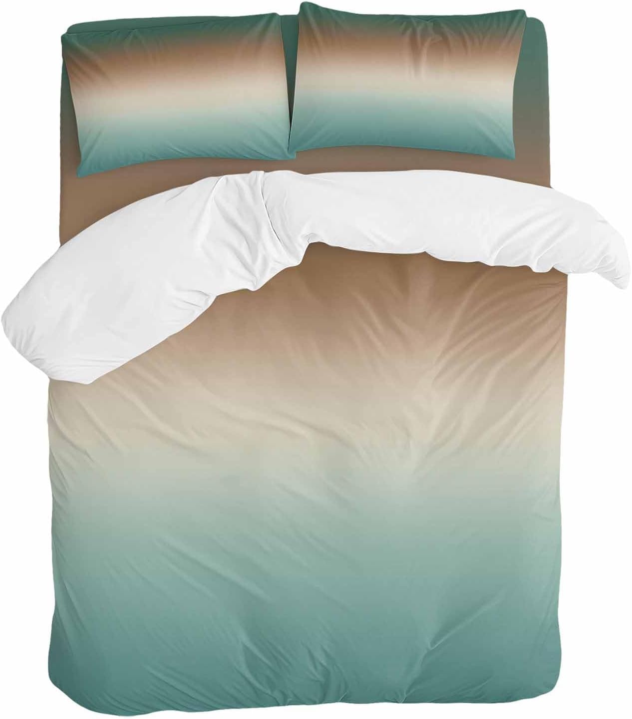 Prime Leader Gradient Green Duvet Cover Set Queen Size 4 Pieces Modern Minimalist Green Brown Ocean Beach Bedding Set with Zipper Closure, 1 Comforter Cover 90x92 Inches 1 Flat Sheet & 2 Pillow Cases