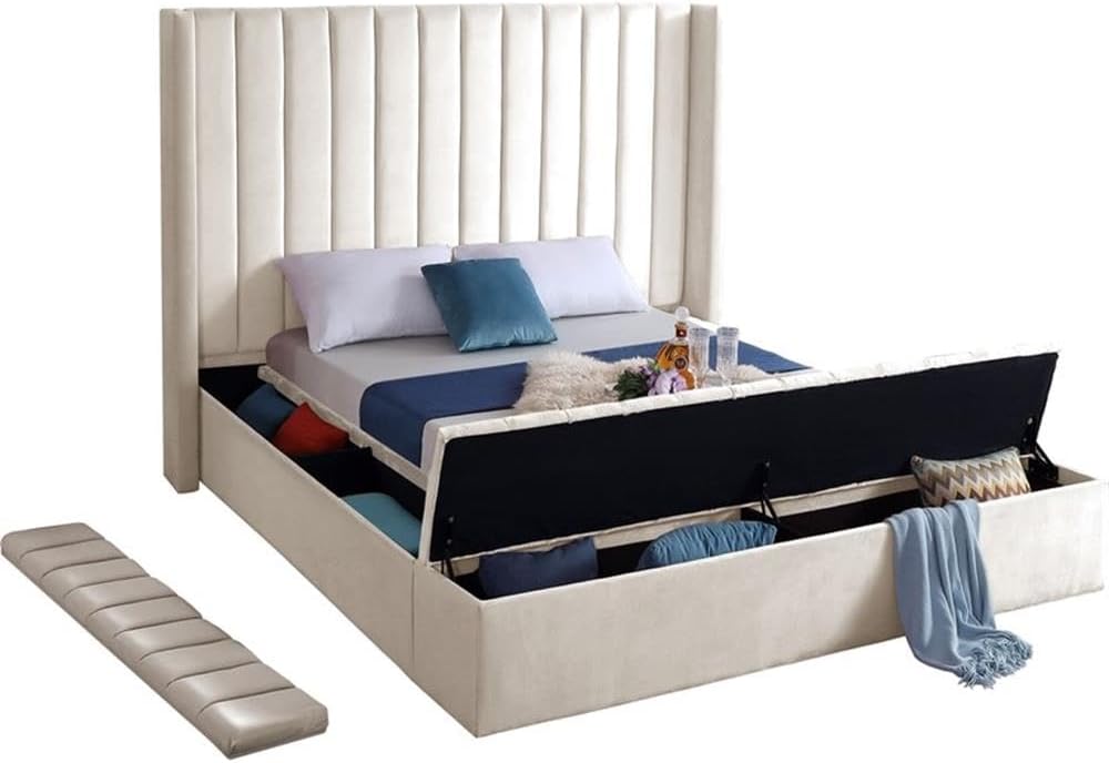 Meridian Furniture Kiki Collection Modern | Contemporary Velvet Upholsterd Bed with Channel Tufting, Siderails and Footboard Storage Compartments, King, Cream
