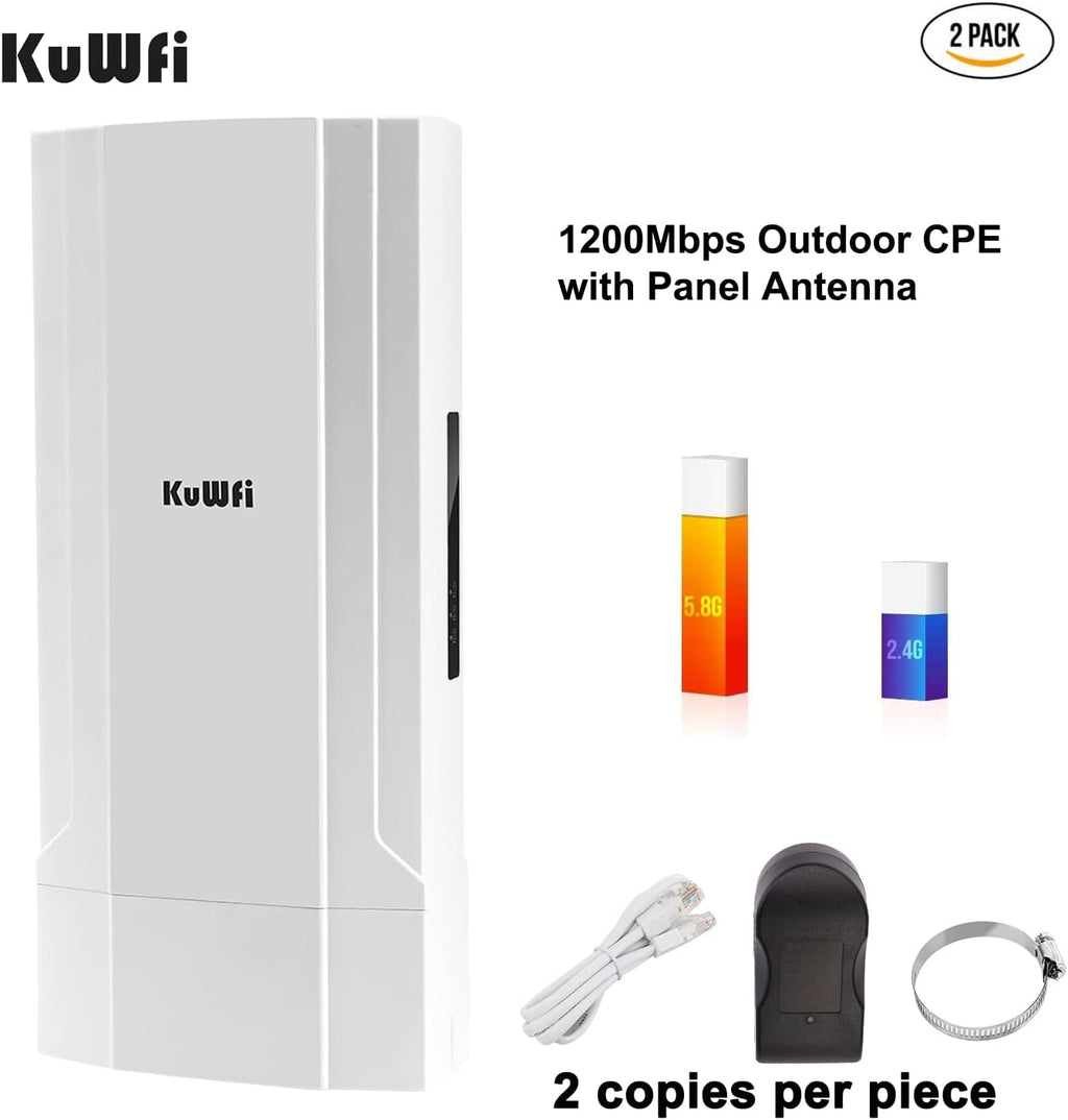 KuWFi Gigabit Wireless Bridge, 1200Mbps WiFi Bridge Point to Point Outdoor, 2.4&5.8G Long Range WiFi Bridge CPE with Panel Antenna Up to 5KM with 48V PoE Power[2-Pack]