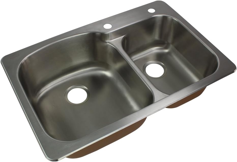 Transolid CTDD33229-2 Classic Stainless Steel 2-Hole Drop-In 75/25 Double Bowl Kitchen Sink, 22 1/64' L X 33' W X 9' H, Brushed Stainless Steel
