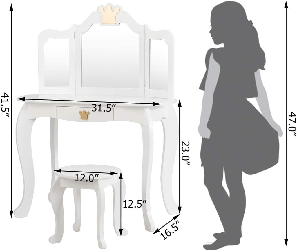 Costzon Kids Vanity & Jewelry Armoire Cabinet, Kids Vanity Table and Chair Set, 360° Swivel Standing Jewelry Organizer with Full-Length Mirror & Wheels, Kids Bedroom Furniture Set for Girls (White)