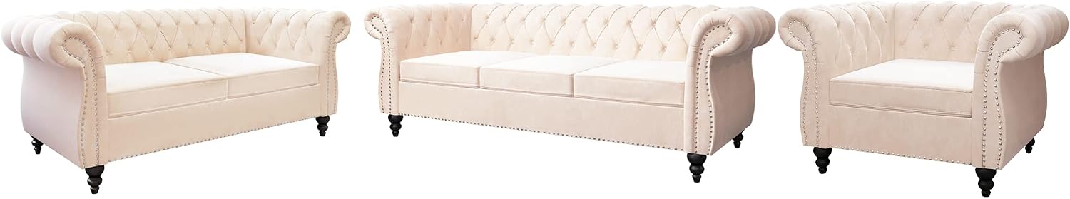 QHITTY 3 Piece Living Room Set, Sectional Chesterfield Sofa Chair Contemporary Upholstered Velvet Loveseat Couch Sets for Living Room, Bedroom, Office (Beige)