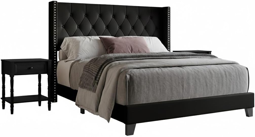 HOME DESIGN Homer Full Tufted Wingback Upholstered Panel Bed with 2 Matching 1 Drawer Nightstands, Bedroom Furniture Set with Open Shelf Storage, Black Black