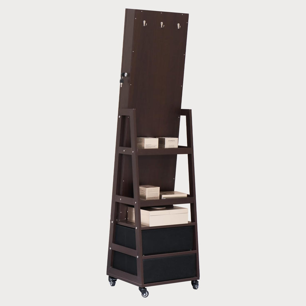 Rotating Standing Jewelry Cabinet with Lockable,Full Length Mirror with Storage Large Capacity Jewelry Organizer Armoire Floor Mirror with Back Storage Shelves for Bedroom Brown