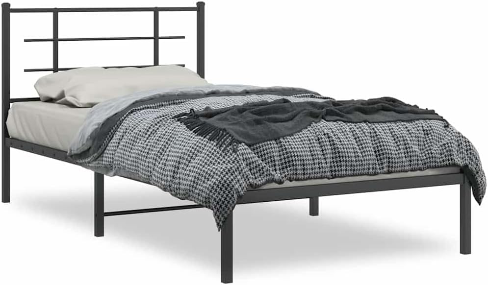 Black Powder-Coated Steel Twin Modern Bed Frame with Headboard and Underbed Storage Space, Sturdy Metal Construction for Adult Bedrooms, Sleek Design and Comfortable Support