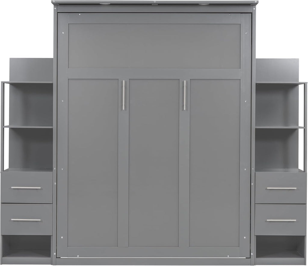 MERITLINE Queen Murphy Bed with Storage Shelves,Bookcase,Drawers & LED Lights,Wood Murphy Wall Bed Cabinet for Adults