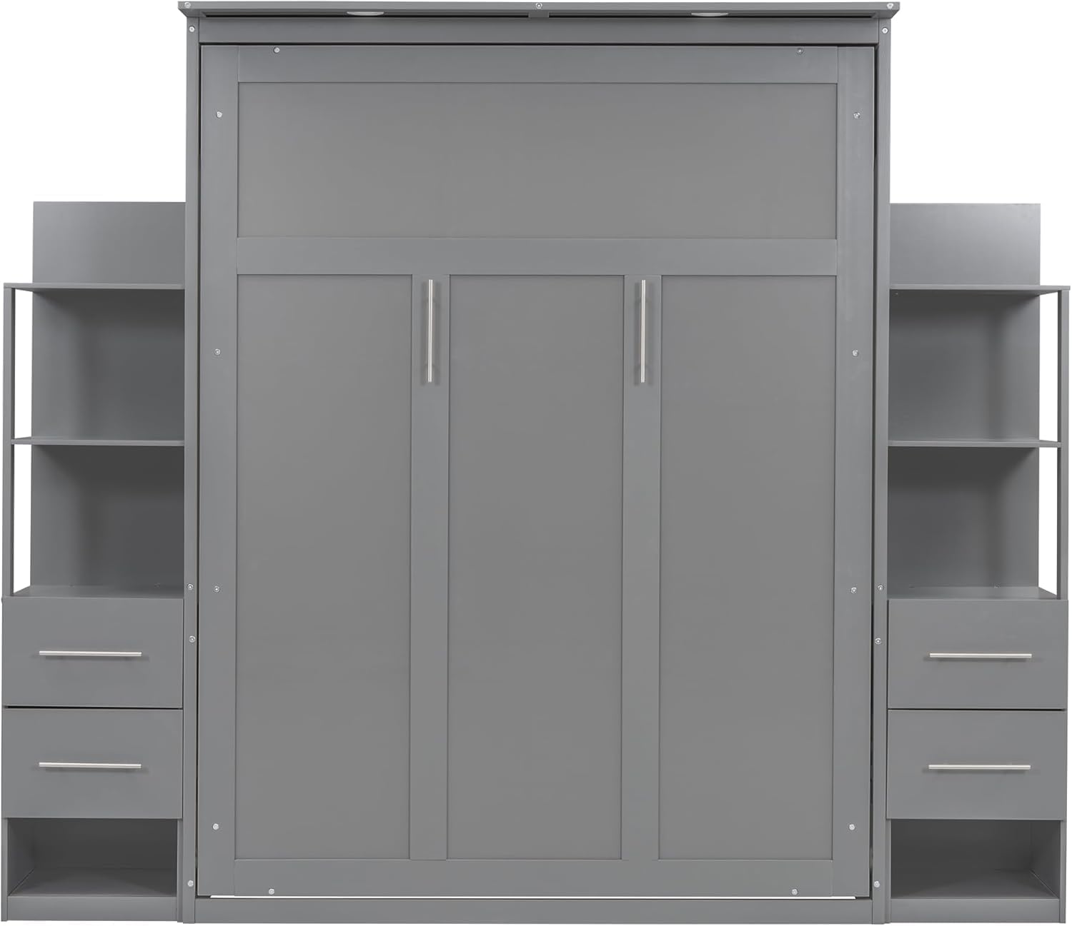 MERITLINE Queen Murphy Bed with Storage Shelves,Bookcase,Drawers & LED Lights,Wood Murphy Wall Bed Cabinet for Adults