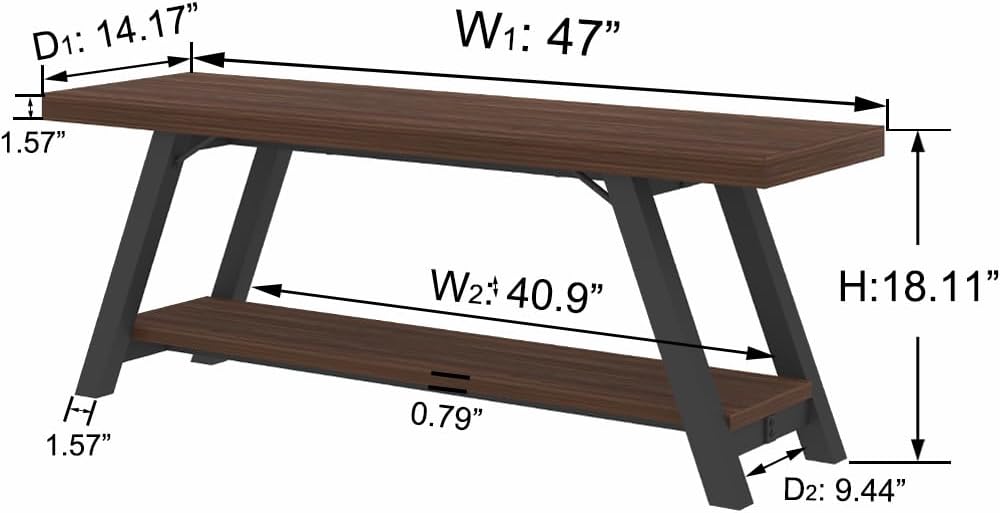 LVB Wood Entryway Bench, Industrial Metal Indoor Shoe Rack, Wooden Storage Bench for Bedroom, Farmhouse Hallway Seating, Walnut, 47 Inch